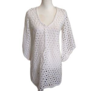 Mudpie white open knit v-neck swim cover up, 100% cotton, small (4-6)
